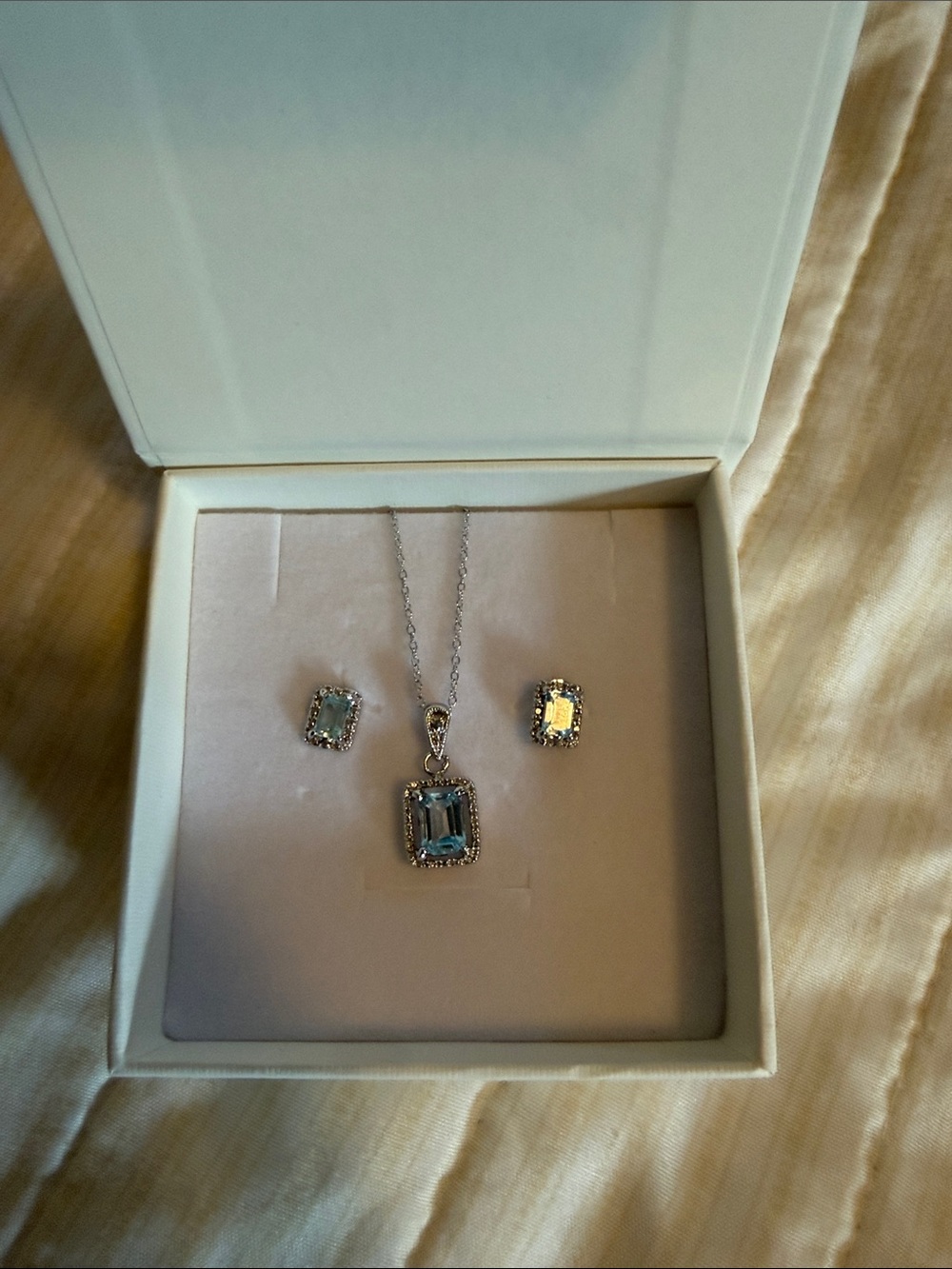 Sterling Silver Blue Gem Pendant Necklace and Stud Earrings Set